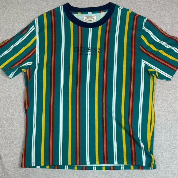 Guess Shirt Mens Large Originals Striped Short Sleeve Cotton Tee‎ Vintage Green - Picture 3 of 12